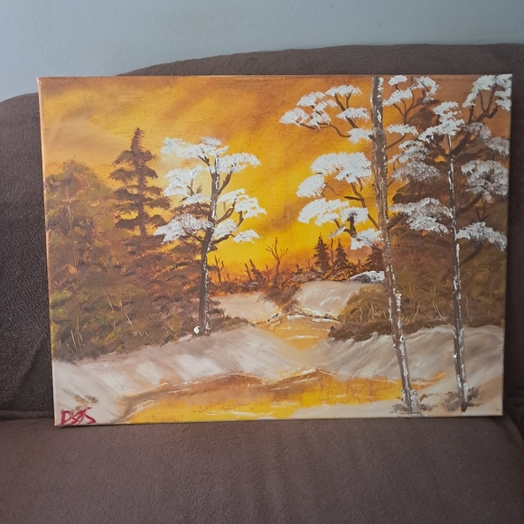 Bob Ross Inspired Golden Autumn Woodlands Sunset Oil Hand Painted Winter - Picture 2 of 5